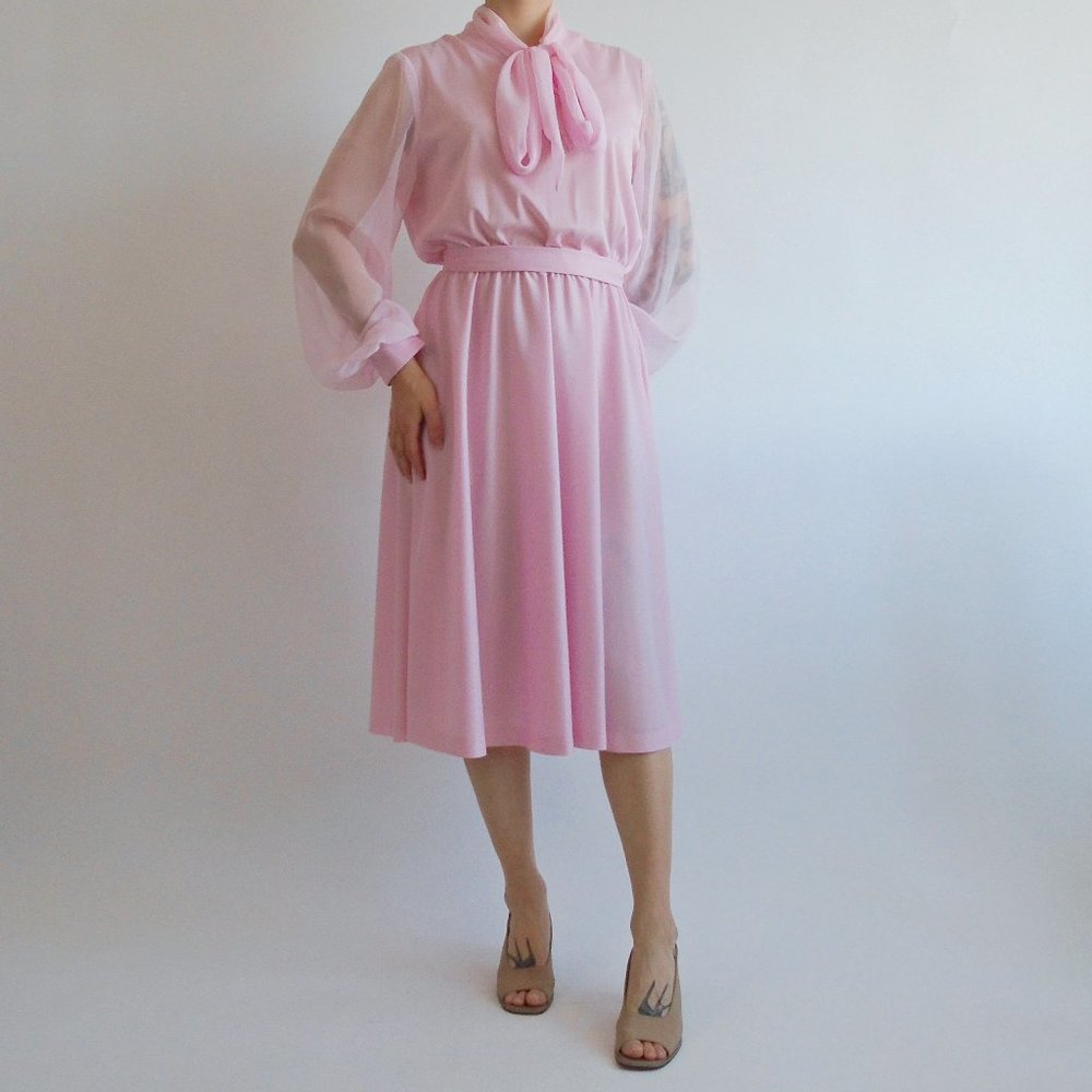 70s pastel pink a-line semi sheer disco dress w/ sheer sleeves & bow neck